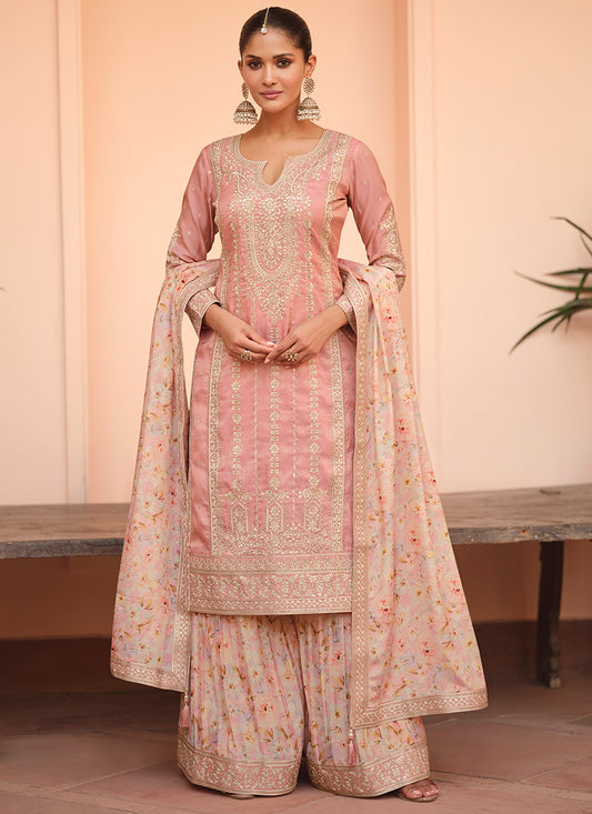 Shimmer Silk Pink Festival Wear Embroidery Work Readymade Plazzo Suit 385517