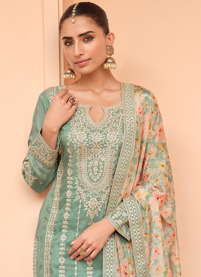 Shimmer Silk Green Festival Wear Embroidery Work Readymade Plazzo Suit 385518