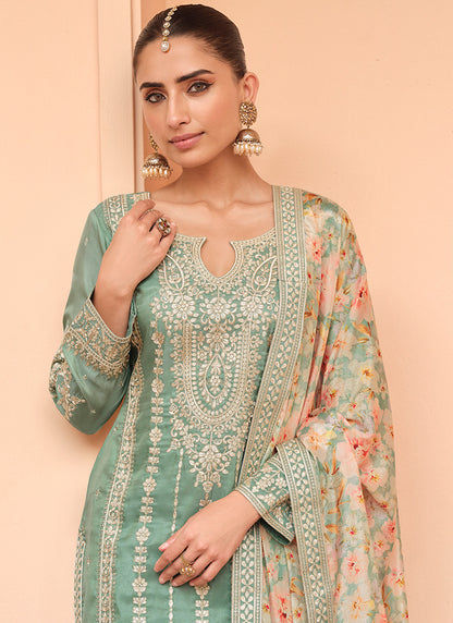 Shimmer Silk Green Festival Wear Embroidery Work Readymade Plazzo Suit 385518