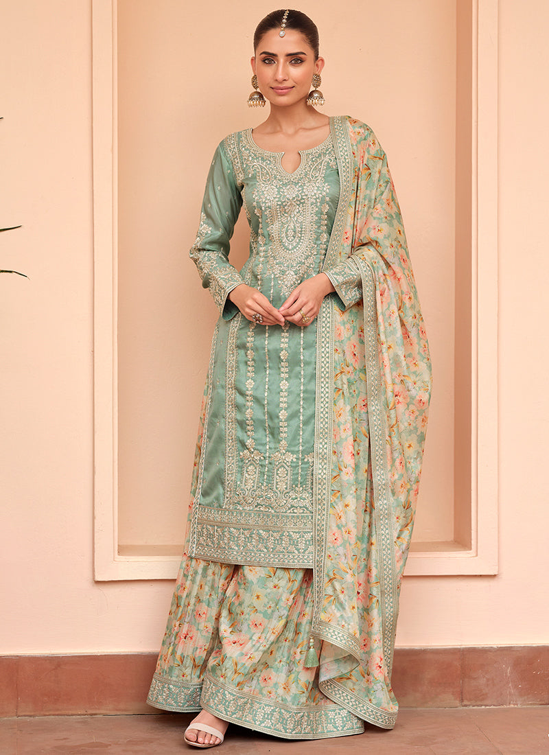 Shimmer Silk Green Festival Wear Embroidery Work Readymade Plazzo Suit 385518
