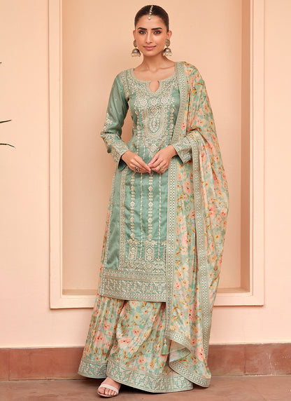 Shimmer Silk Green Festival Wear Embroidery Work Readymade Plazzo Suit 385518