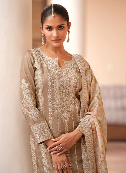 Shimmer Silk Beige Festival Wear Embroidery Work Readymade Plazzo Suit 385520