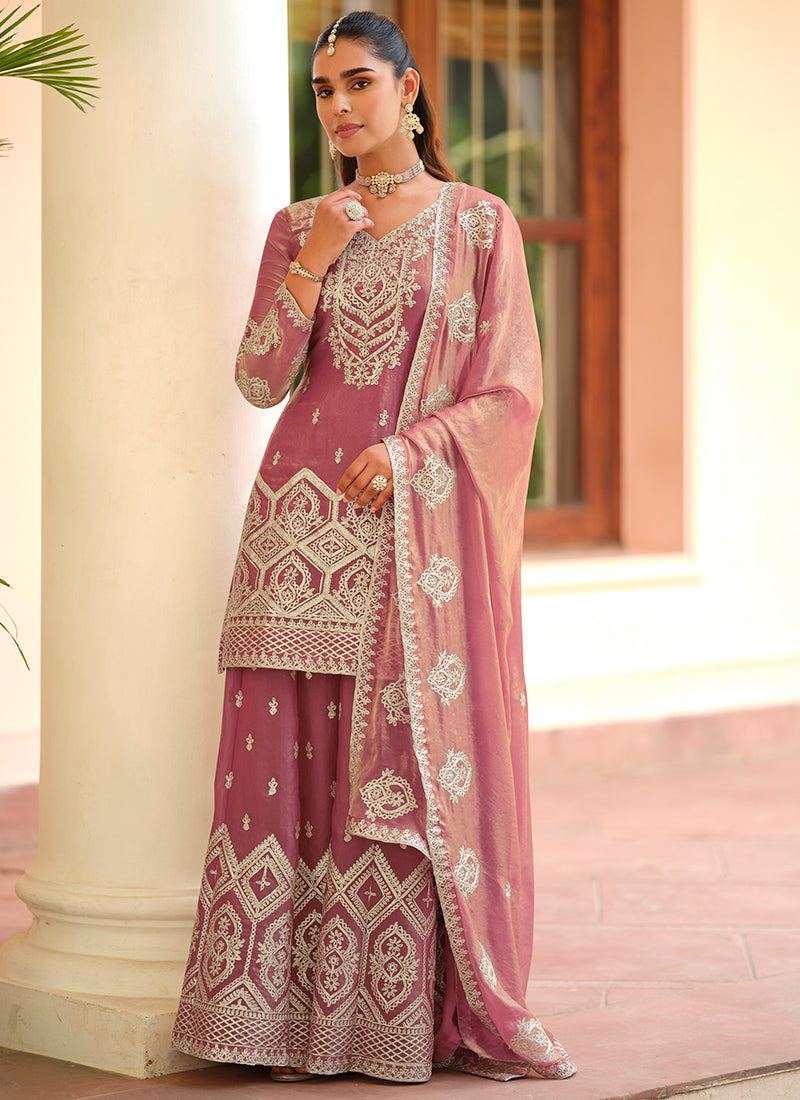 Tora Silk Mauve Festival Wear Embroidery Work Readymade Plazzo Suit 387023