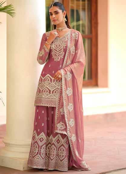 Tora Silk Mauve Festival Wear Embroidery Work Readymade Plazzo Suit 387023