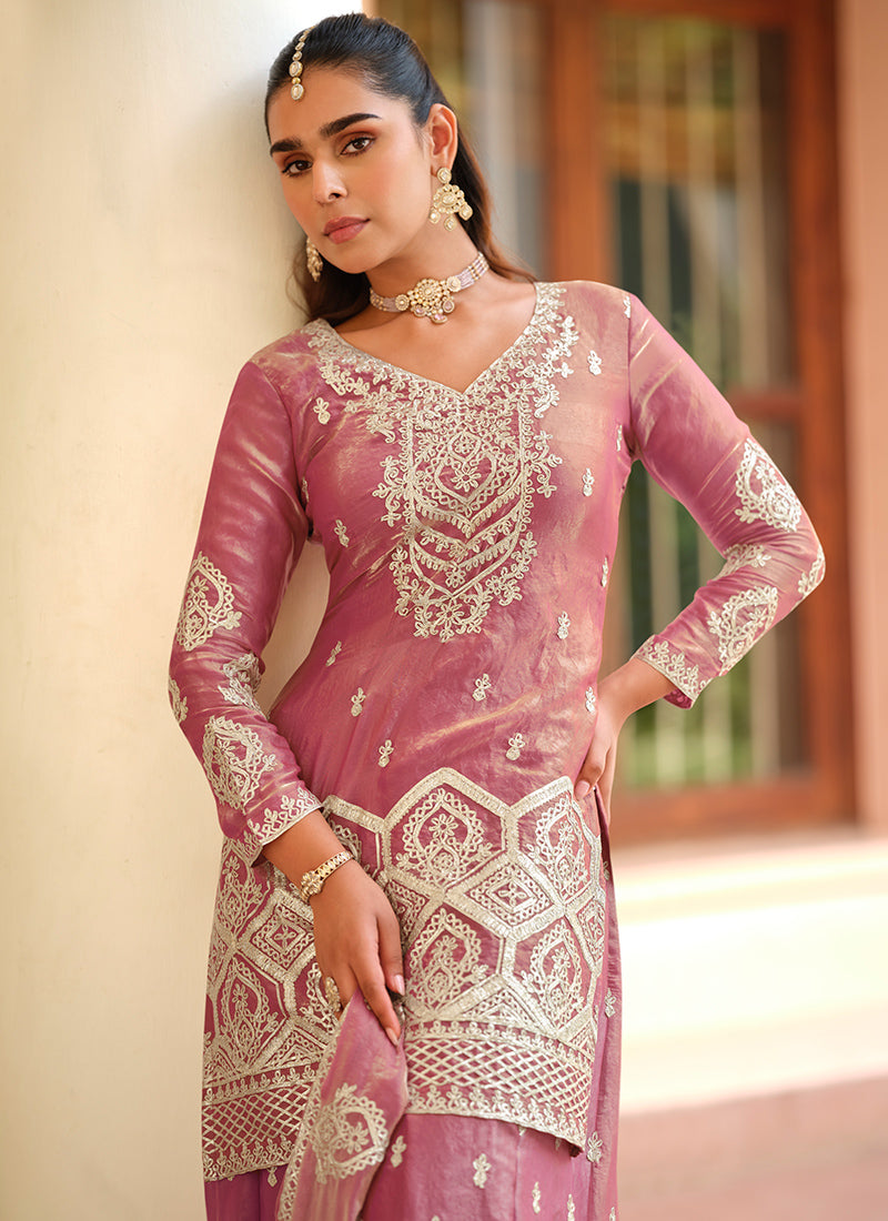 Tora Silk Mauve Festival Wear Embroidery Work Readymade Plazzo Suit 387023