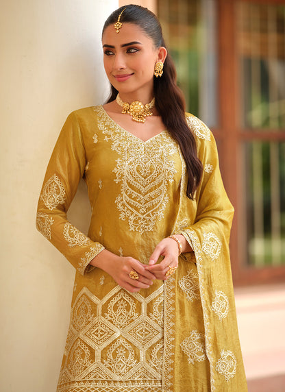 Tora Silk Yellow Festival Wear Embroidery Work Readymade Plazzo Suit 387024