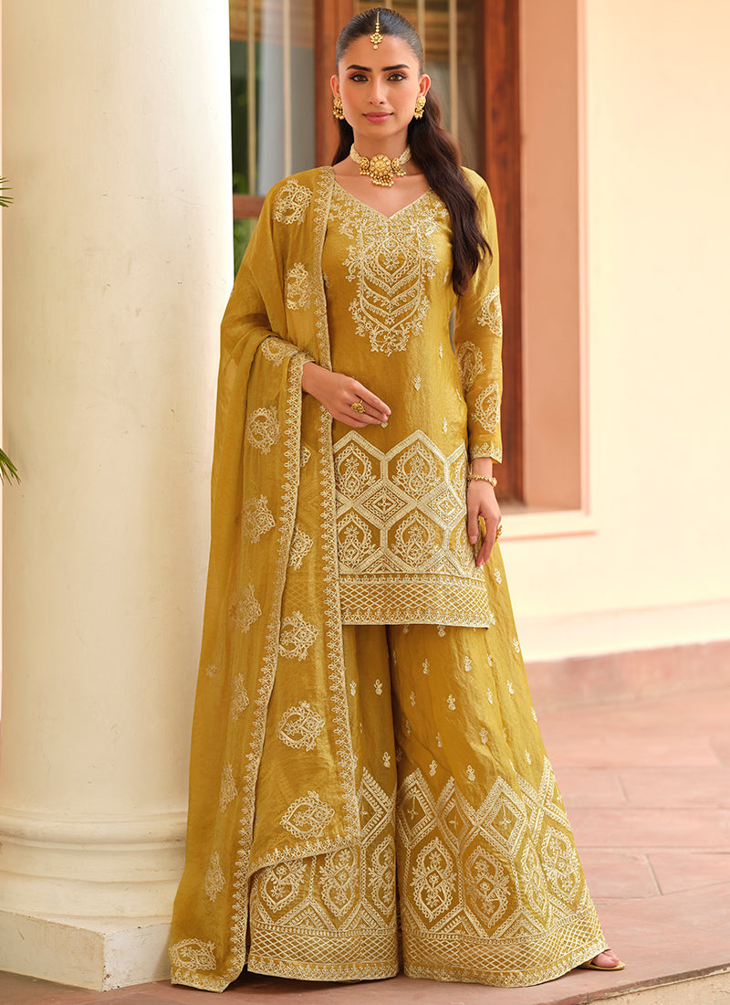 Tora Silk Yellow Festival Wear Embroidery Work Readymade Plazzo Suit 387024