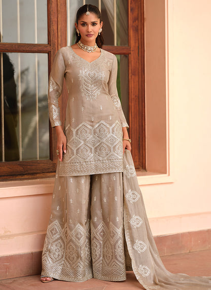 Tora Silk Grey Festival Wear Embroidery Work Readymade Plazzo Suit 387025