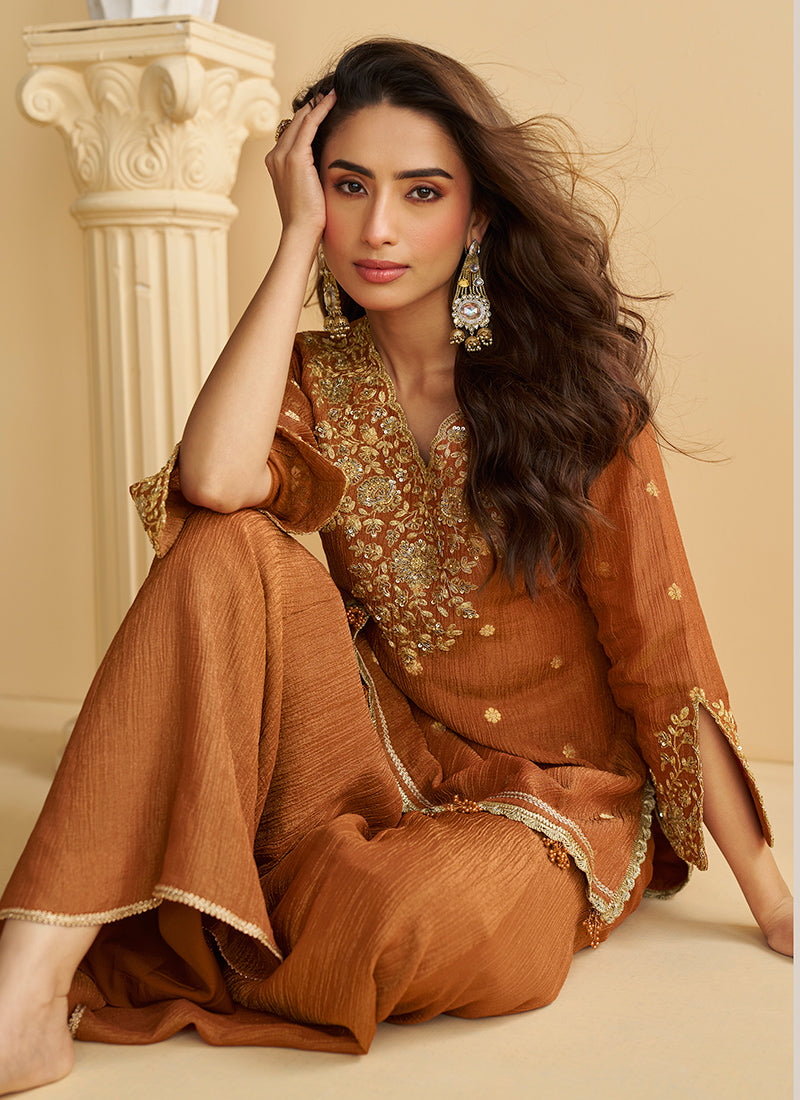 Chinon Brown Wedding Wear Sequins Work Readymade Plazzo Suit 386998