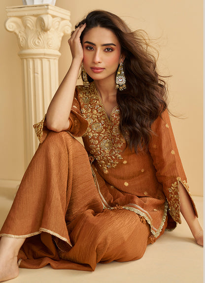 Chinon Brown Wedding Wear Sequins Work Readymade Plazzo Suit 386998