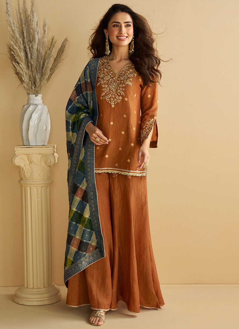 Chinon Brown Wedding Wear Sequins Work Readymade Plazzo Suit 386998