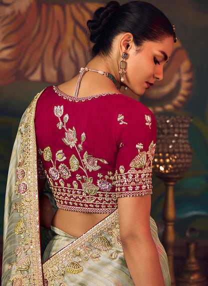 Silk Grey Wedding Wear Embroidery Work Saree 386919