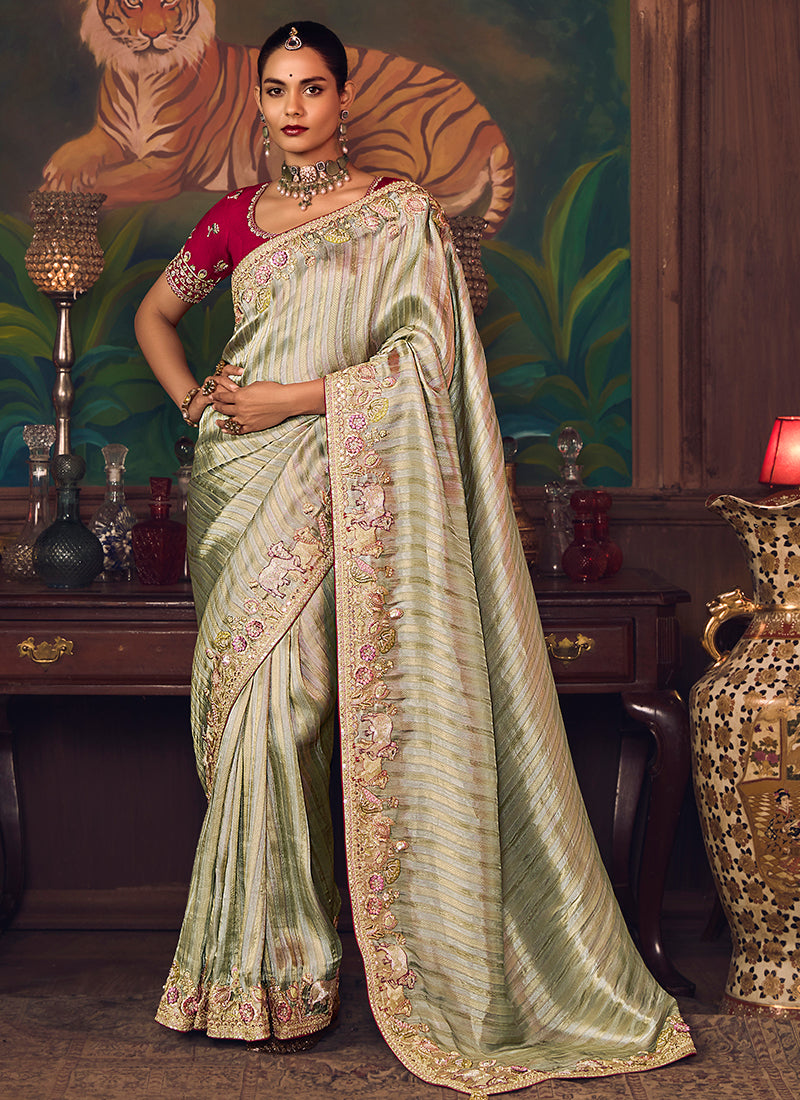 Silk Grey Wedding Wear Embroidery Work Saree 386919