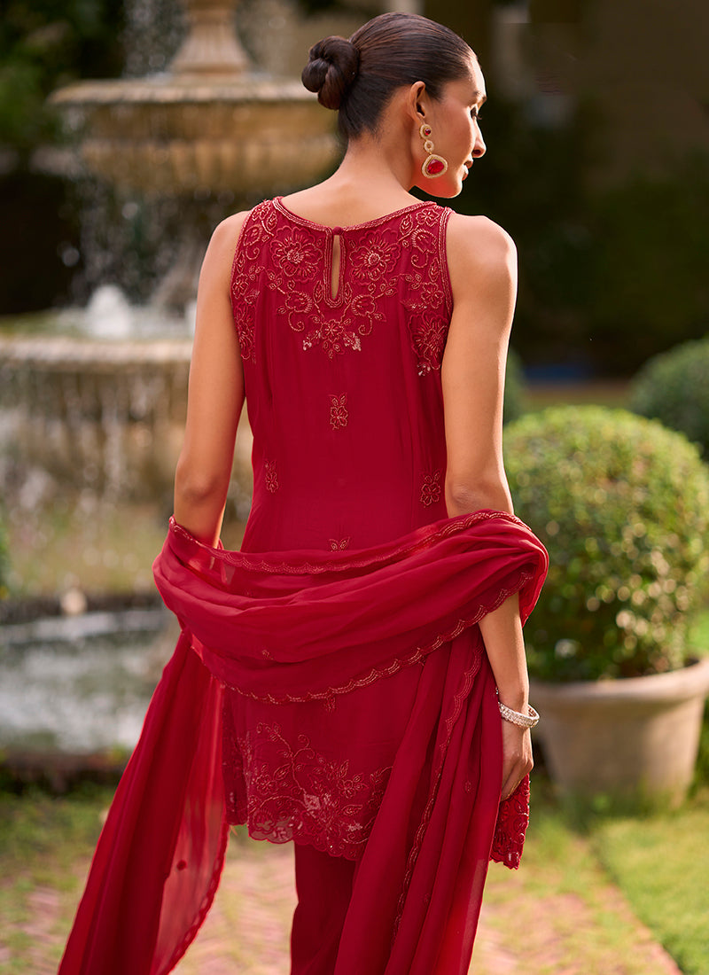 Red Georgette Thread Work Wedding Wear Readymade Plazzo Suit SW406024