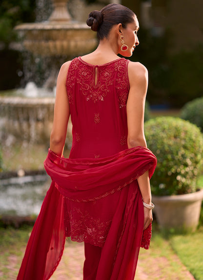 Red Georgette Thread Work Wedding Wear Readymade Plazzo Suit SW406024