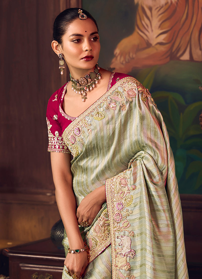 Silk Grey Wedding Wear Embroidery Work Saree 386919