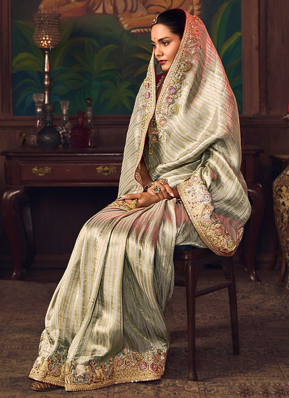 Silk Grey Wedding Wear Embroidery Work Saree 386919