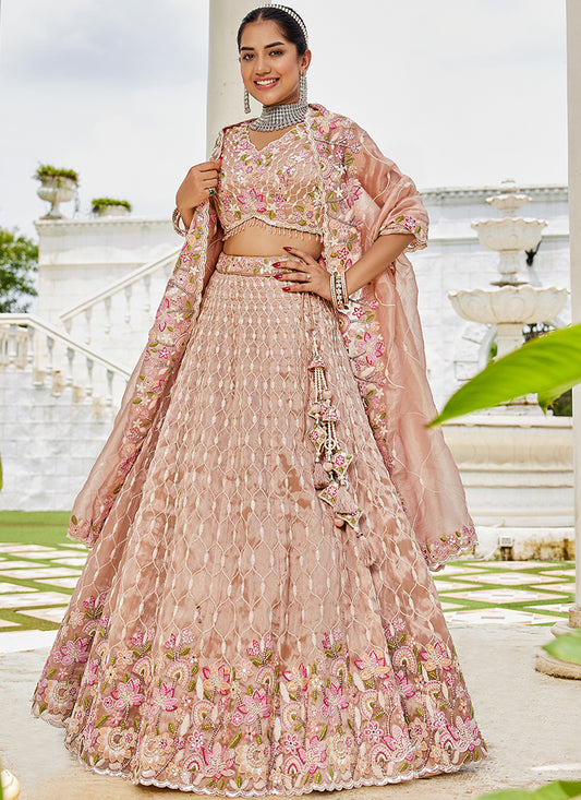 Satin Silk Peach Bridal Wear Heavy Embroidery Readymade Lehenga Choli