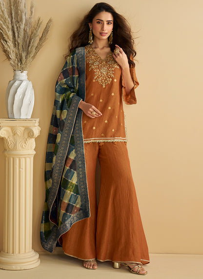 Chinon Brown Wedding Wear Sequins Work Readymade Plazzo Suit 386998