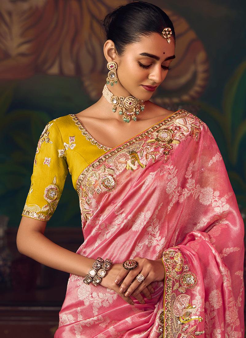 Silk Pink Wedding Wear Embroidery Work Saree 386920