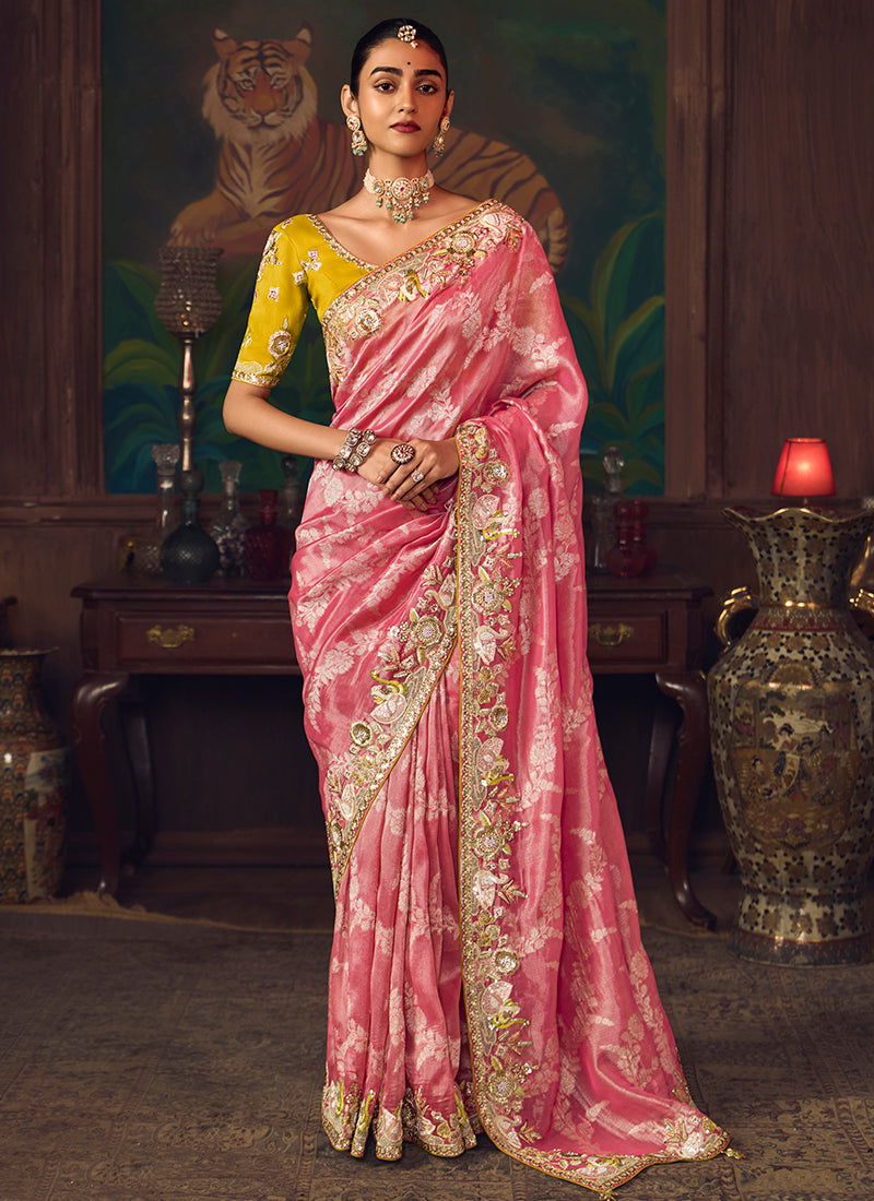 Silk Pink Wedding Wear Embroidery Work Saree 386920