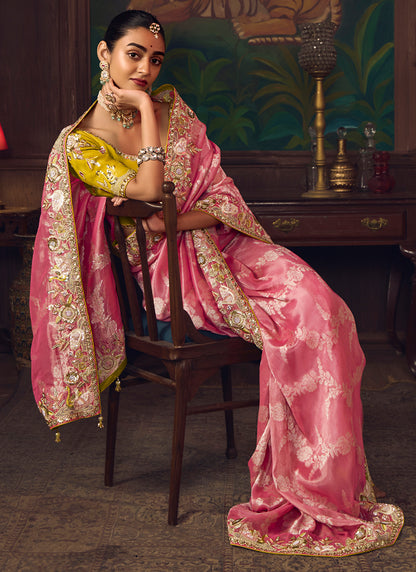 Silk Pink Wedding Wear Embroidery Work Saree 386920