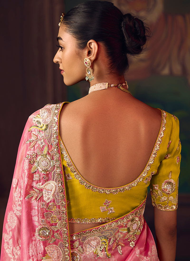 Silk Pink Wedding Wear Embroidery Work Saree 386920