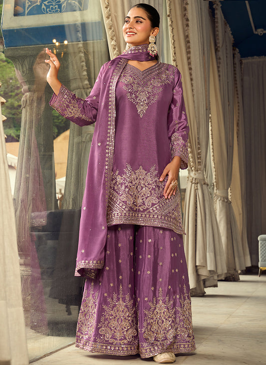 Lilac Chinon Silk Sequins Work  Eid Wear Readymade Plazzo Suit SW197321