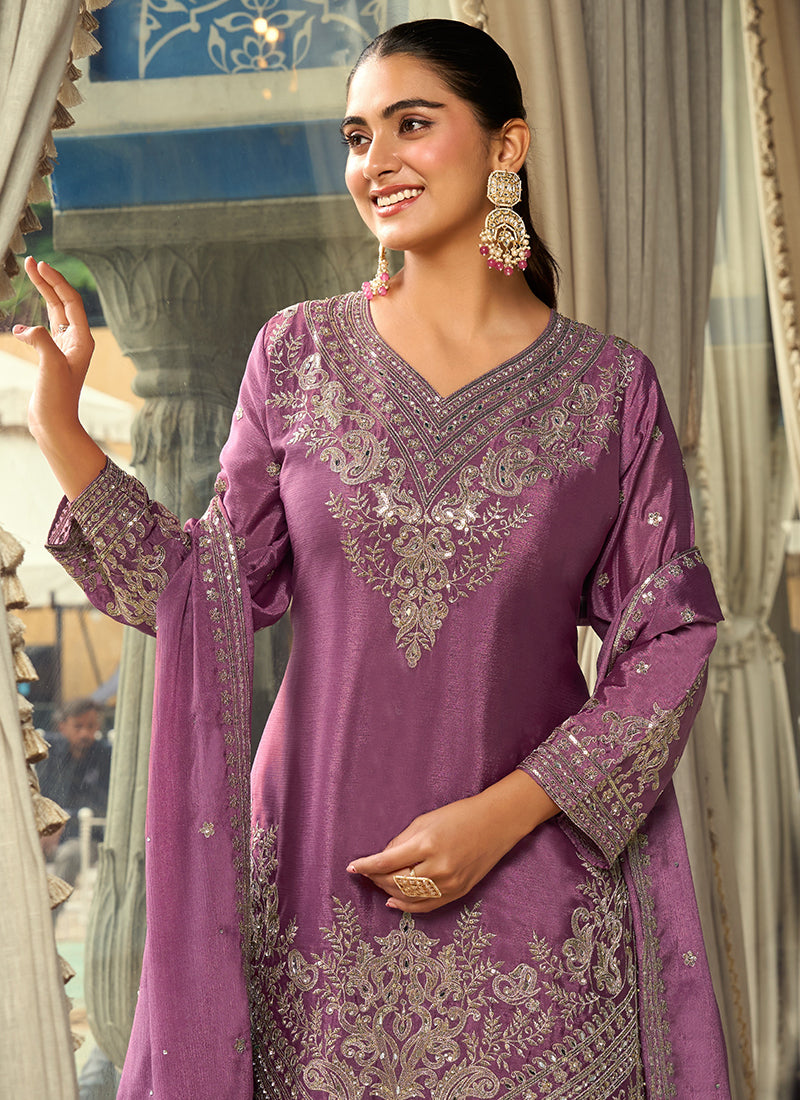 Lilac Chinon Silk Sequins Work  Eid Wear Readymade Plazzo Suit SW197321