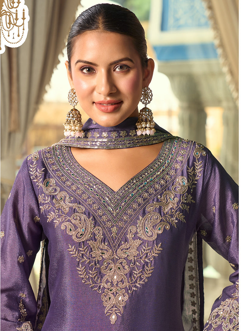 Purple Chinon Silk Sequins Work  Eid Wear Readymade Plazzo Suit SW673817