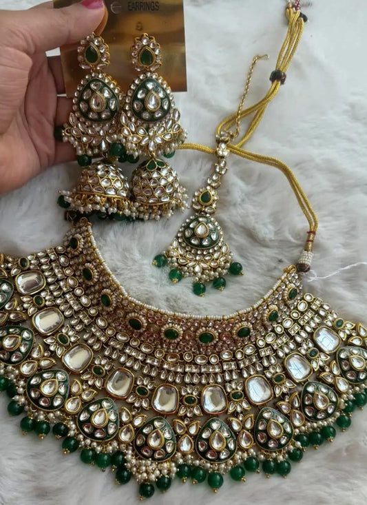 Dark Green Festival Wear Kundan Necklace Set 383127