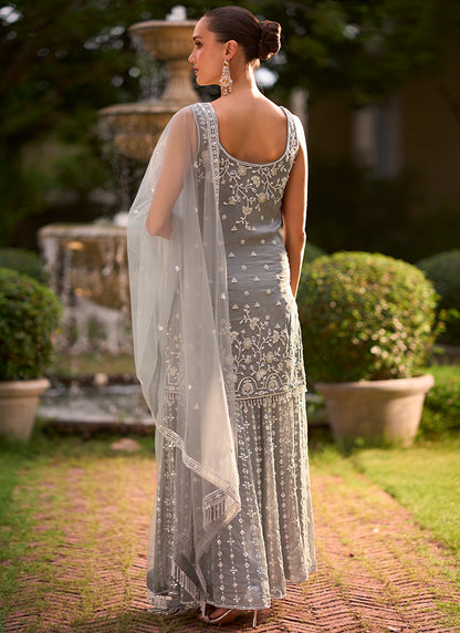 Grey Georgette Thread Work Wedding Wear Readymade Plazzo Suit SW406025