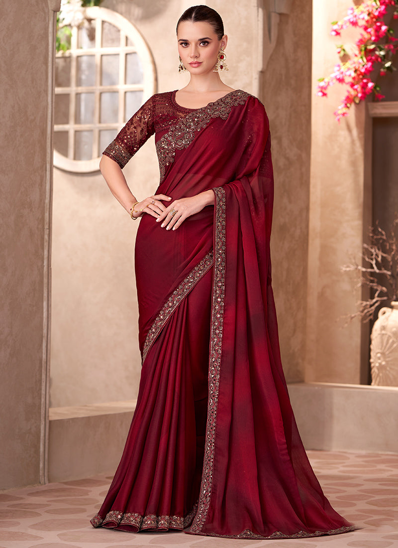Chiffon Maroon Saree with Linen Work for Bridal Wear 380638