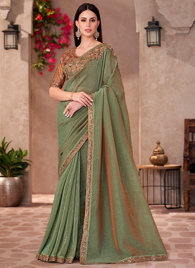 Georgette Mehendi Saree with Linen Work for Bridal Wear 380639