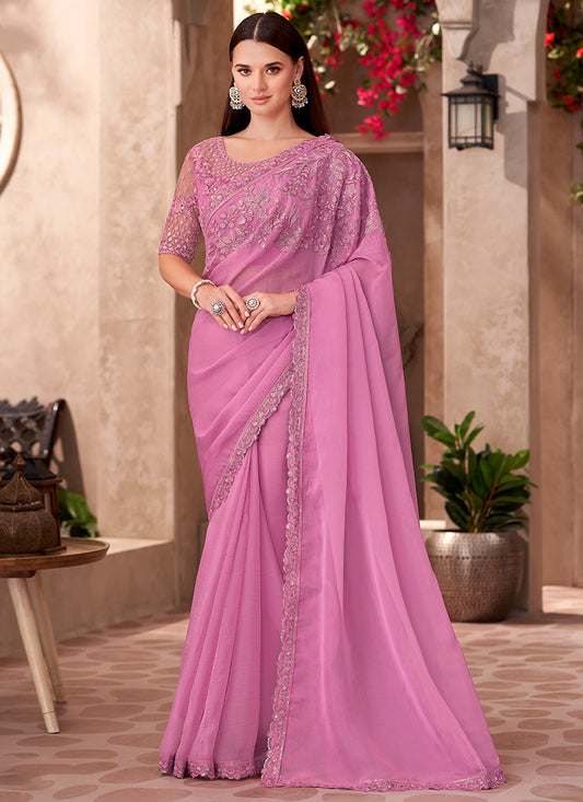 Chiffon Pink Saree with Linen Work for Bridal Wear 380640