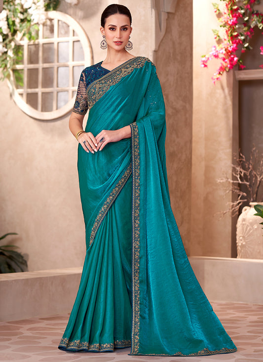 Georgette Teal Saree with Linen Work for Bridal Wear 380641