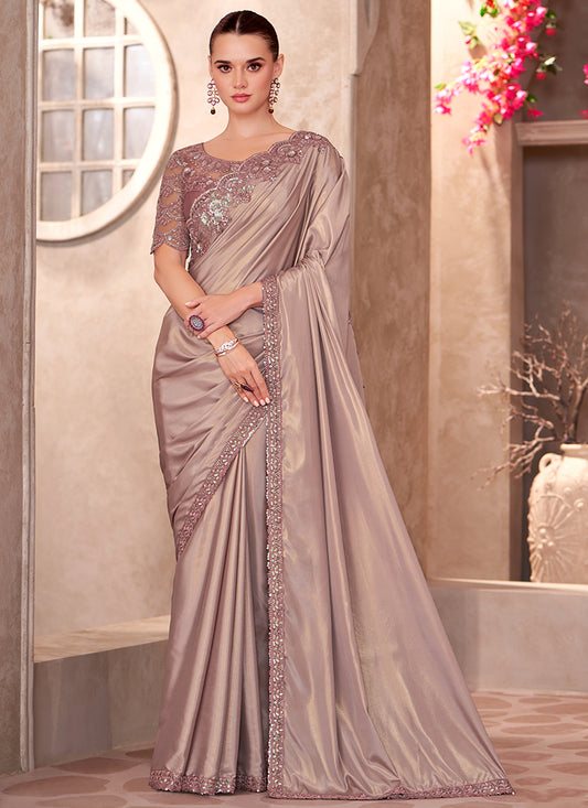 Shimmer Silk Beige Saree with Linen Work for Bridal Wear 380642