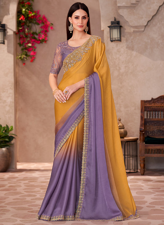 Chiffon Multi Color Saree with Linen Work for Bridal Wear 380643