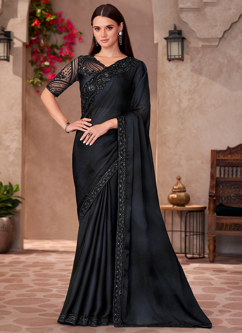 Chiffon Black Saree with Linen Work for Bridal Wear 380644
