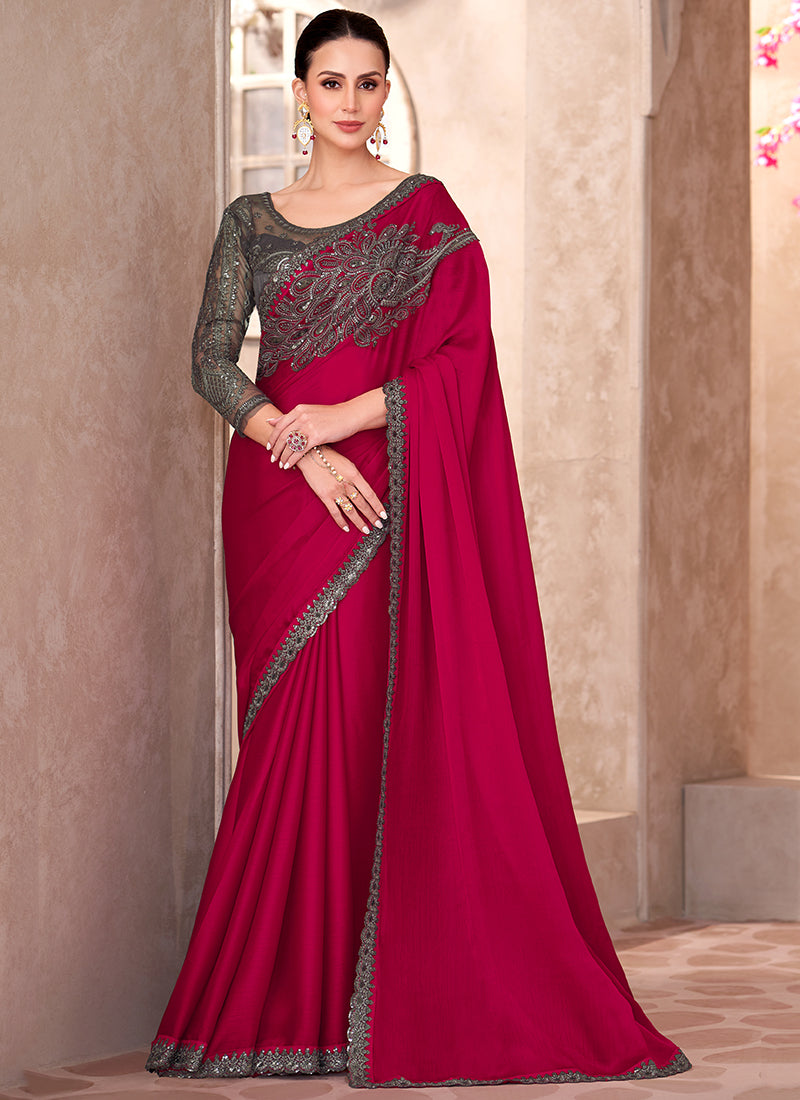Chiffon Red Saree with Linen Work for Bridal Wear 380645