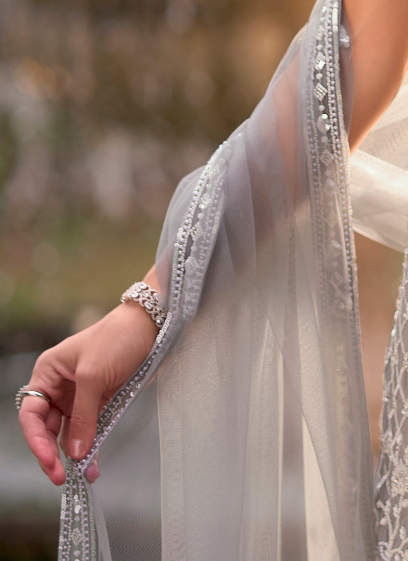 Grey Georgette Thread Work Wedding Wear Readymade Plazzo Suit SW406025