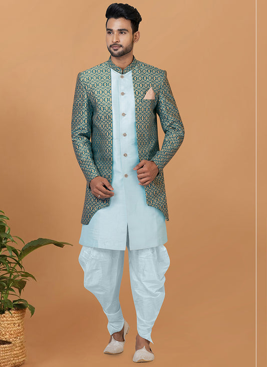 Jacquard Silk Sky Blue Festive Wear Embroidery Work Readymade Mens Indo Western 349562