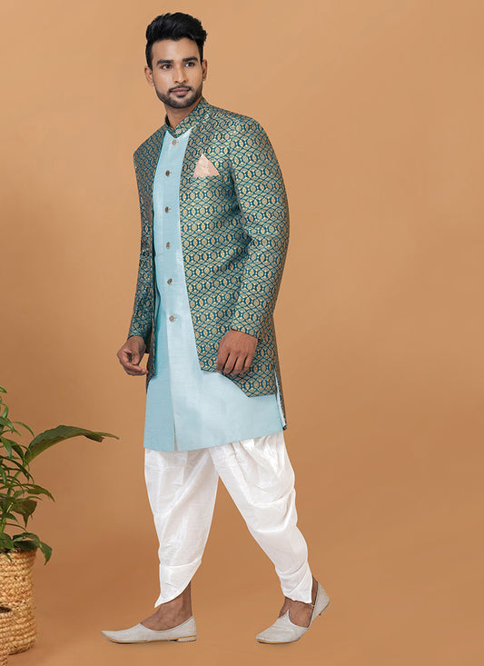 Jacquard Silk Sky Blue Festive Wear Embroidery Work Readymade Mens Indo Western 349563