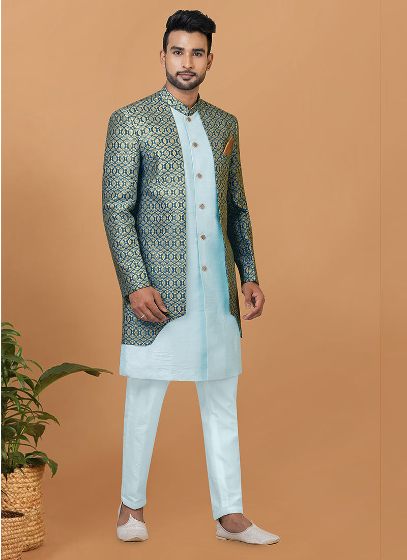 Jacquard Silk Sky Blue Festive Wear Embroidery Work Readymade Mens Indo Western 349564