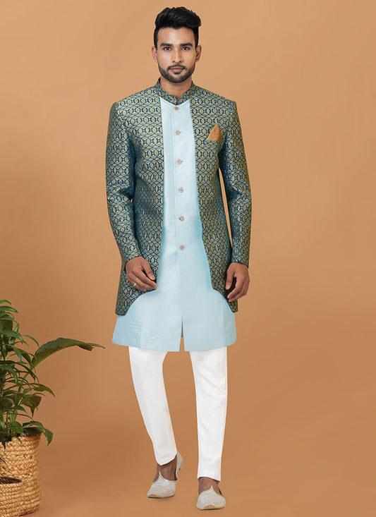 Jacquard Silk Sky Blue Festive Wear Embroidery Work Readymade Mens Indo Western 349565