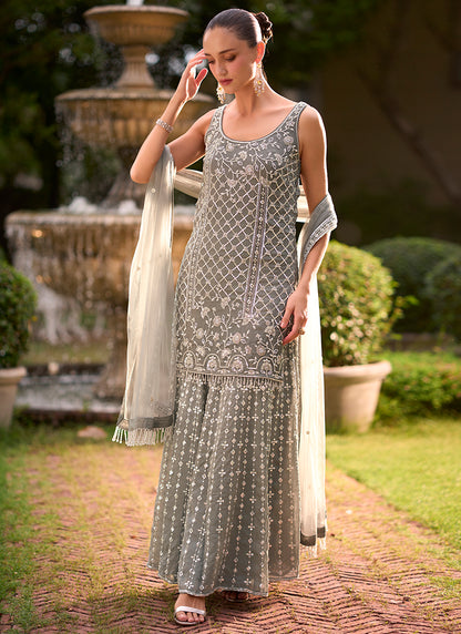 Grey Georgette Thread Work Wedding Wear Readymade Plazzo Suit SW406025
