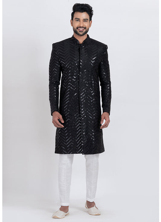 Viscose Rayon Black Festive Wear Sequins Work Readymade Indo Western 371948