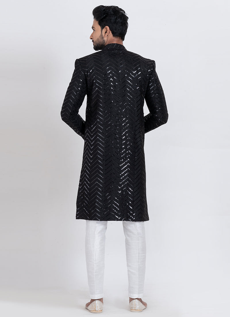 Viscose Rayon Black Festive Wear Sequins Work Readymade Indo Western 371948