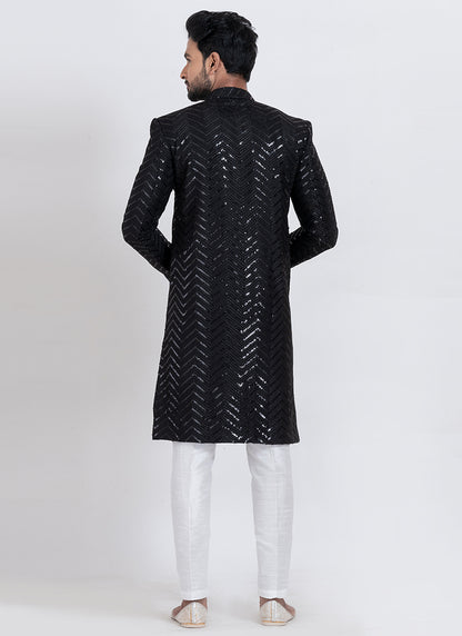 Viscose Rayon Black Festive Wear Sequins Work Readymade Indo Western 371948