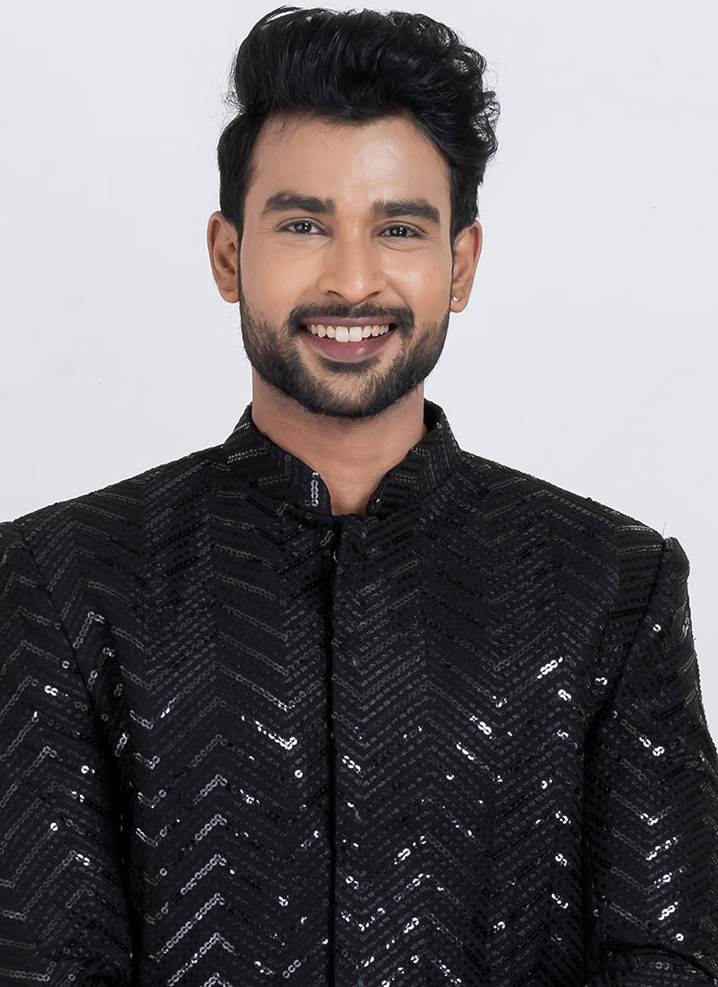 Viscose Rayon Black Festive Wear Sequins Work Readymade Indo Western 371948